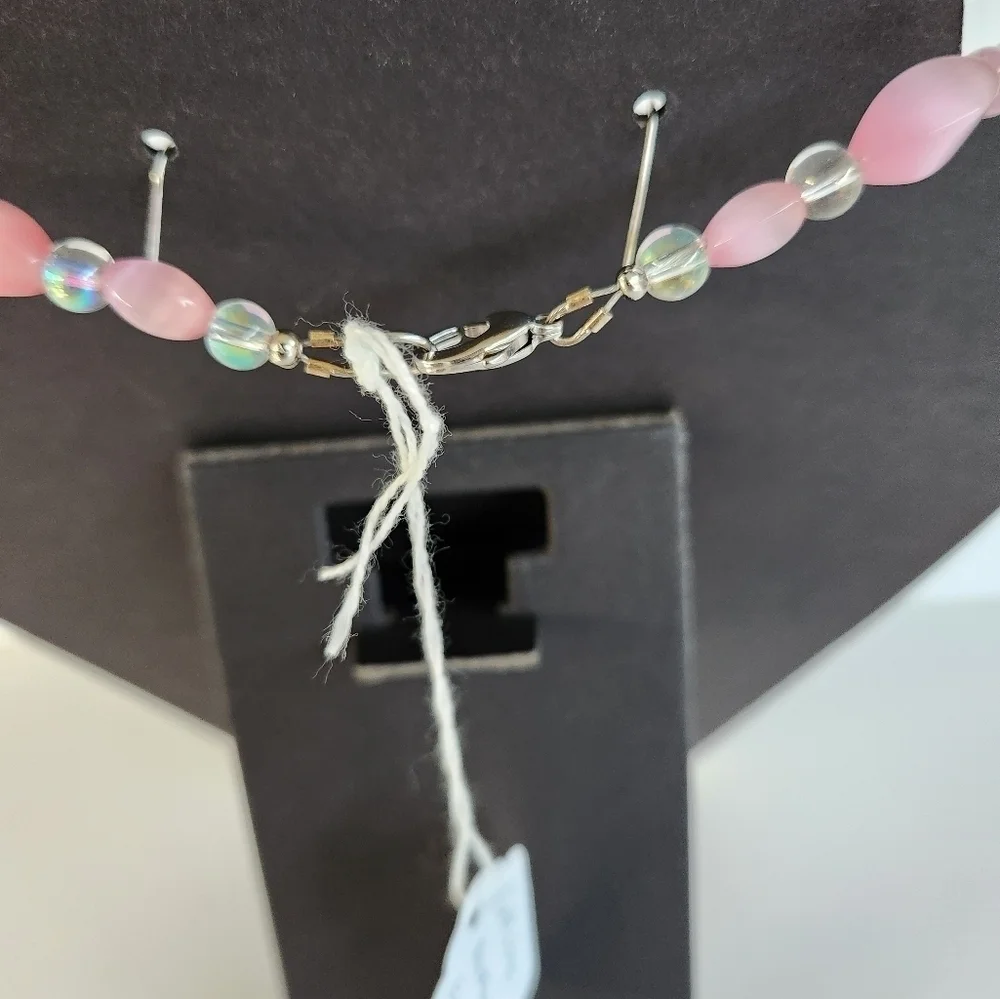 Hand Crafted Necklace and Pierced Pink Cat's Eye Iridescent Beads 15.5
